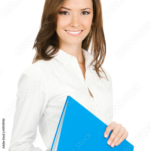 Photo: Smiling businesswoman with blue folder, isolated Smiling businesswoman with blue folder, isolated
