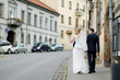Bride and groom walking together