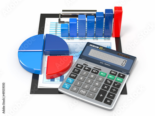 Illustration: Business analytics. Calculator and financial reports. Business analytics. Calculator and financial reports.