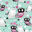 Seamless floral pattern with funny owls in love