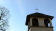 rural retro wooden church tower cross colorful autumn leaf fall