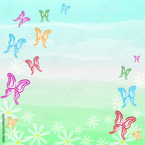 Illustration: motley butterflies and white flowers spring background motley butterflies and white flowers spring background