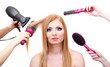 Beautiful woman and hands with brushes, scissors and hairdryer