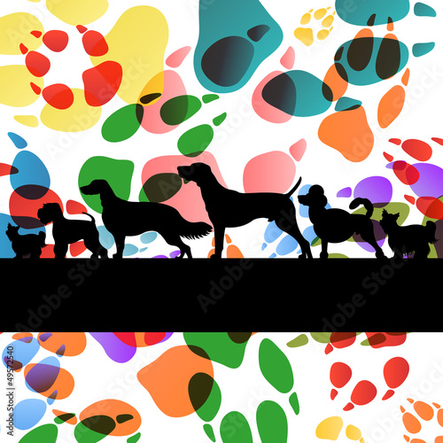 Vector: Dogs and dog footprints silhouettes colorful illustration collec Dogs and dog footprints silhouettes colorful illustration collec