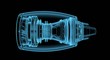 Jet engine (3D x-ray blue transparent isolated on black)