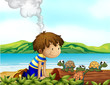 A boy watching the three turtles