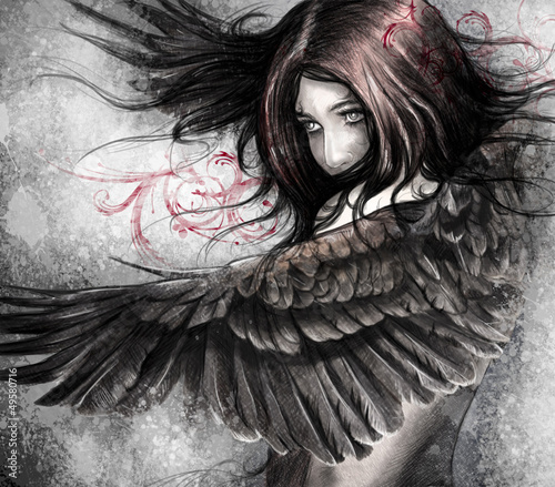 Illustration: Illustration sketch of woman with eagle wings, made with digita Illustration sketch of woman with eagle wings, made with digita