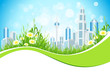 Vector: Abstract Background with City Line Flowers and Grass Abstract Background with City Line Flowers and Grass