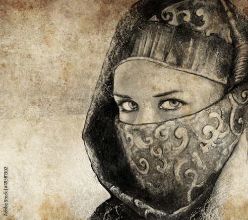 Illustration: Sketch made with digital tablet of arabic woman, desert Sketch made with digital tablet of arabic woman, desert