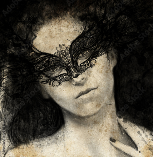 Illustration: Sketch made with digital tablet of venetian lady in sepia Sketch made with digital tablet of venetian lady in sepia