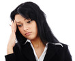 Photo: Closeup portrait of sad businesswoman having a headache Closeup portrait of sad businesswoman having a headache