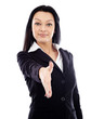 Photo: Full length pose of young businesswoman about to shake hands Full length pose of young businesswoman about to shake hands