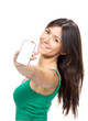 Young woman show display of mobile cell phone with black screen
