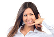 young pretty woman making the call me sign gesture