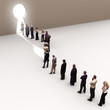 Illustration: Key to success, line of people moving to the light Key to success, line of people moving to the light