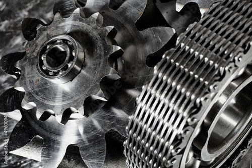 Photo: gears and bearings driven by timing chain, duplex blue toning gears and bearings driven by timing chain, duplex blue toning