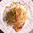 spaghetti with pesto and shrimp with toasted breadcrumbs