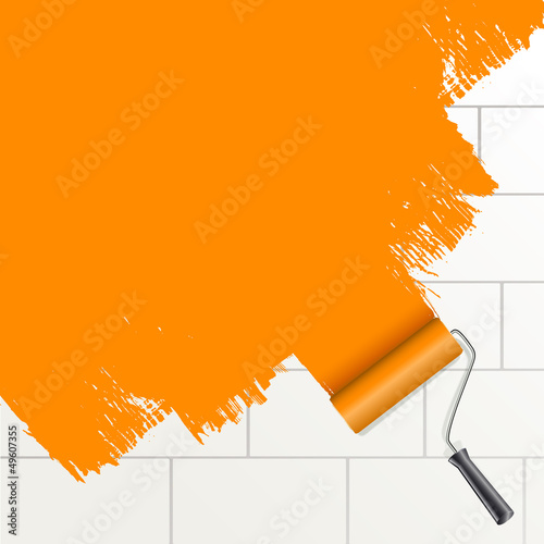Vector: roller brush painting orange on a wall roller brush painting orange on a wall