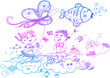 Sketchy doodles of kids playing with funny kites