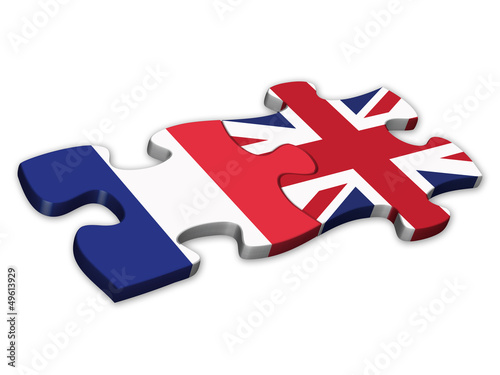 Illustration: French & UK Flags (France English languages translation jigsaw) French & UK Flags (France English languages translation jigsaw)