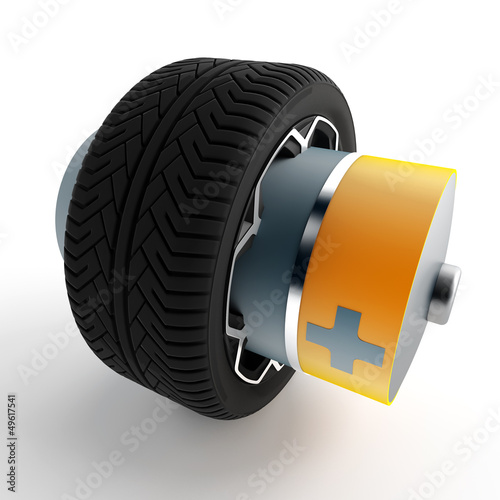 Illustration: wheel of a car with an attached battery on a white background wheel of a car with an attached battery on a white background