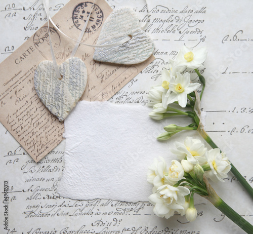 Photo: spring flowers with heart ornaments and script spring flowers with heart ornaments and script