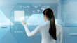 Future technology. Girl press button touchscreen interface.