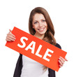 Photo: Cute long-haired girl with red placards Cute long-haired girl with red placards