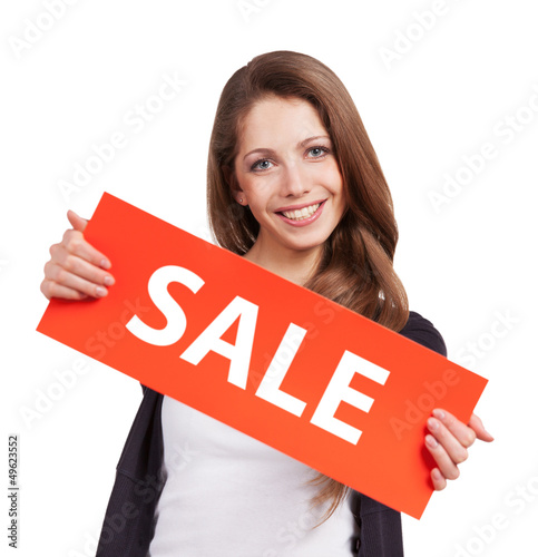 Photo: Cute long-haired girl with red placards Cute long-haired girl with red placards