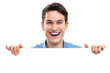 Man peeping over blank poster