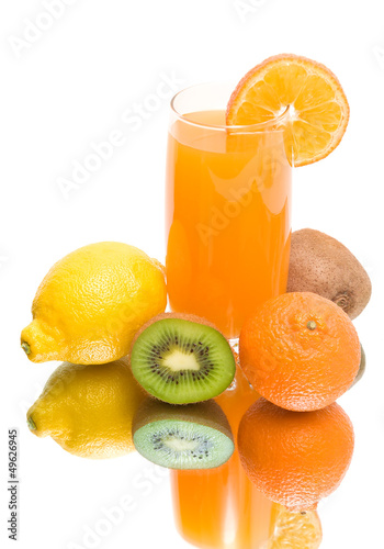 Photo: juice and fresh fruit on a white background juice and fresh fruit on a white background