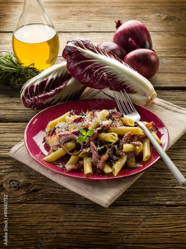 Photo: pasta with chicory bacon and parmesan cheese pasta with chicory bacon and parmesan cheese