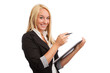 Photo: Young woman with checklist looking into camera Young woman with checklist looking into camera