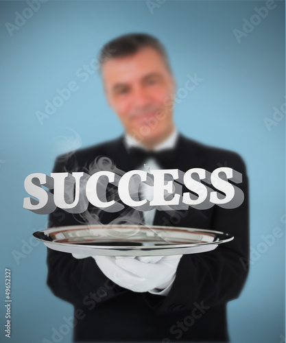 Photo: Waiter offering smoking success on tray Waiter offering smoking success on tray