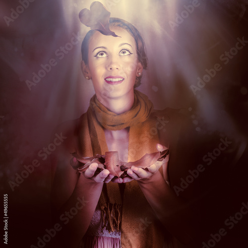 Photo: Beautiful Romantic Woman In A Dark Autumn Forest Beautiful Romantic Woman In A Dark Autumn Forest