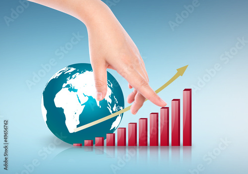 Photo: Hand point business red graph and earth Hand point business red graph and earth