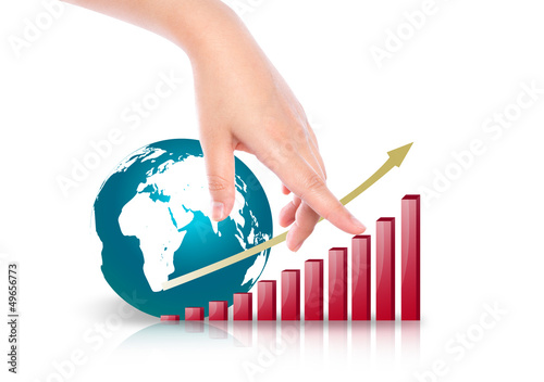 Photo: Hand point business red graph and earth Hand point business red graph and earth