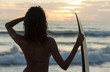Woman Bikini Surfer & Surfboard Sunset Beach