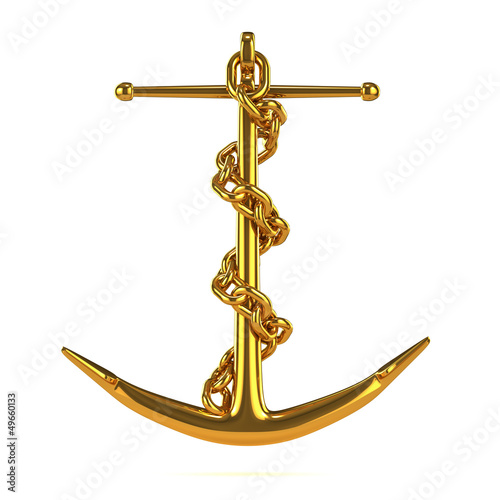 Illustration: Golden anchor with chain front view Golden anchor with chain front view