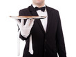 Cropped image of a young waiter holding an empty dish on white b