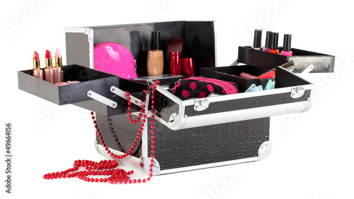 Photo: open case with cosmetics isolated on white open case with cosmetics isolated on white