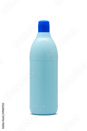Photo: Blue plastic bleach bottle isolated on white background Blue plastic bleach bottle isolated on white background