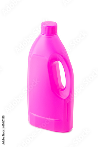 Photo: Pink plastic bleach bottle isolated on white background Pink plastic bleach bottle isolated on white background