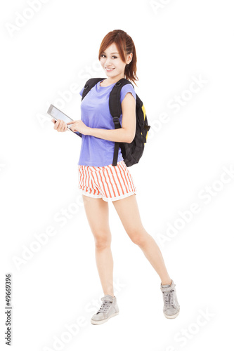 Photo: happy young woman holding tablet touchpad happy young woman holding tablet touchpad