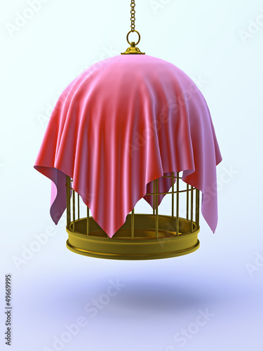 Illustration: Birdcage suspended with red drape Birdcage suspended with red drape