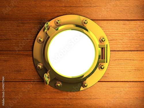 Illustration: 3d Brass porthole in wooden hull 3d Brass porthole in wooden hull