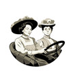 Vintage driving women in open car isolated