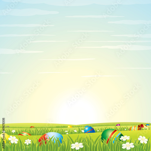 Illustration: Easter Background. Eggs in Green Grass. Easter Background. Eggs in Green Grass.