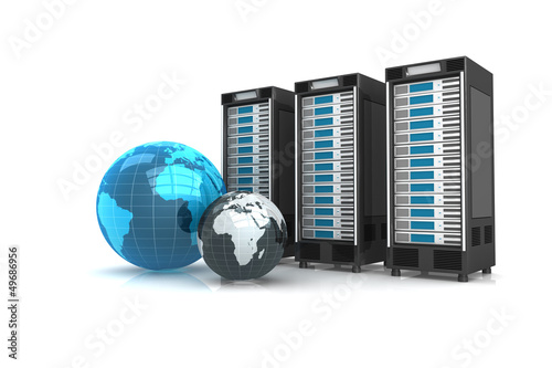 Illustration: 3 Server mit Globus blau 3 Server mit Globus blau