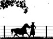 Young beautiful cowgirl and horse on the farm silhouette